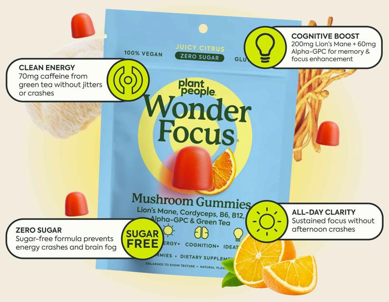 WonderFocus Mushroom Gummies by Plant People - Zero Sugar, All Natural, Focus & Cognition Gummy Supplement - Jitter Free Healthcare Dietary