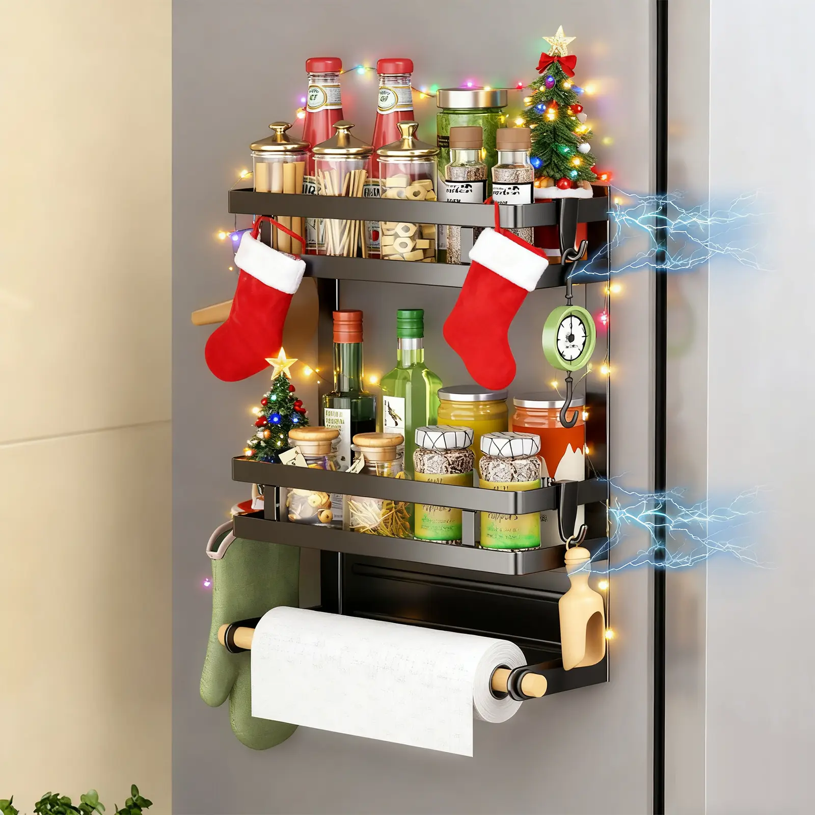 San Dream Strong Magnetic Rectangle Fridge Spice Rack Organiser - Adjustable Multipurpose Home Supplies Shelf with 4 Hooks for Fridge Organization, Kitchen Utensils
