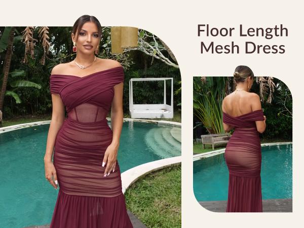 CurvySweet Women’s Convertible Off The Shoulder Maxi Dress Built-in Bra Bodycon Ruched Mesh Formal Evening Dresses for Women