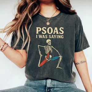 Men's Cotton Ribbed Seamless Fit Print T-Shirt - Funny Psoas I Was Saying Tee for LMT Massage Therapists, Retro Humor Anatomy Skeleton Stretch Enthusiasts