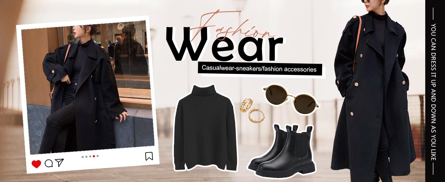 Ebossy Women's Winter Double Breasted Midi Long Wool Pea Coat Notch Lapel Trench Coat Minimalist Basic Jackets Thermal Lined Outerwear