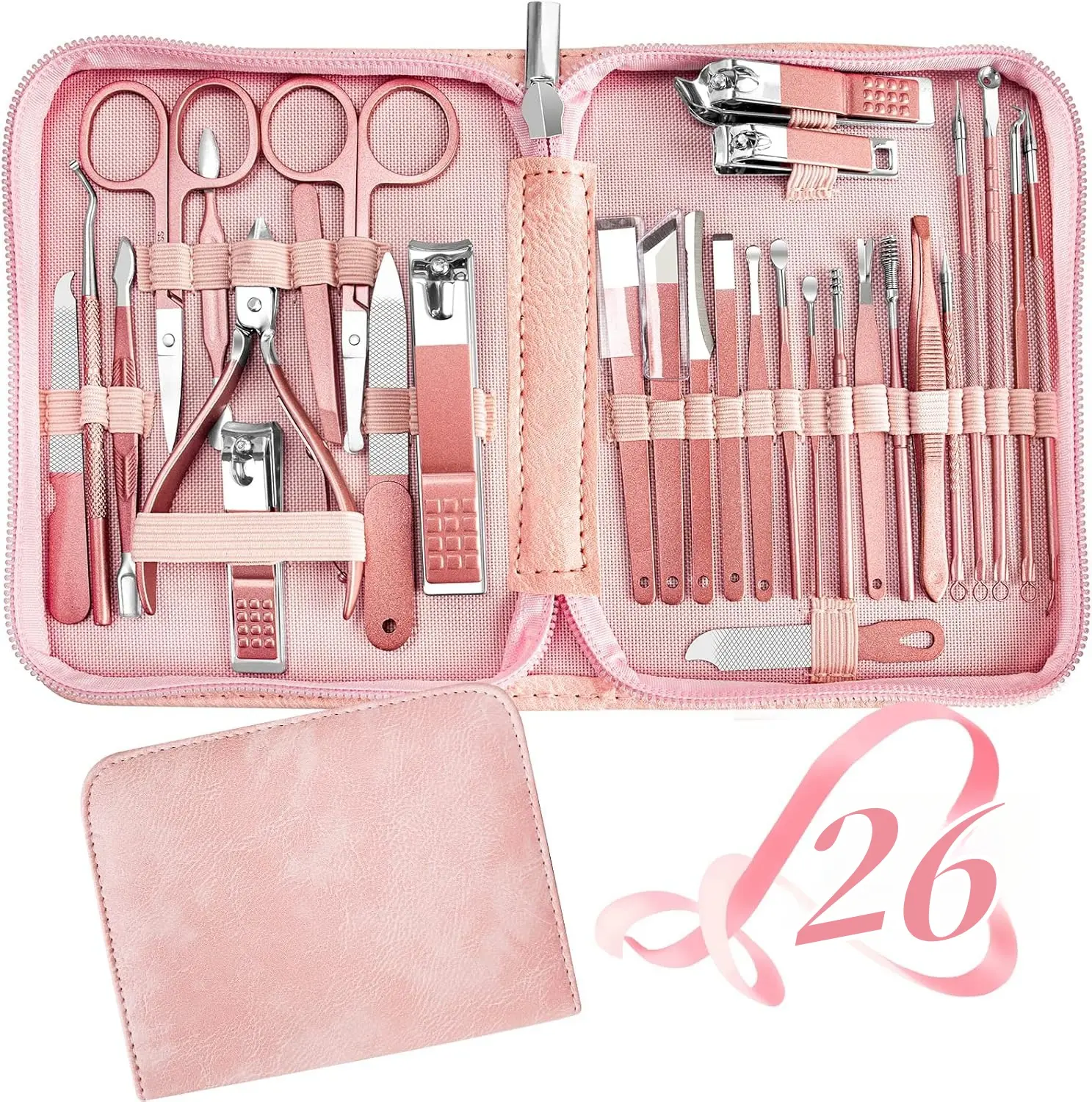 26 Pcs Manicure Set,Professional Pedicure Kit,Stainless Steel Nail Clippers for Women,Pedicure Care Tools with Pink Leather Travel Case