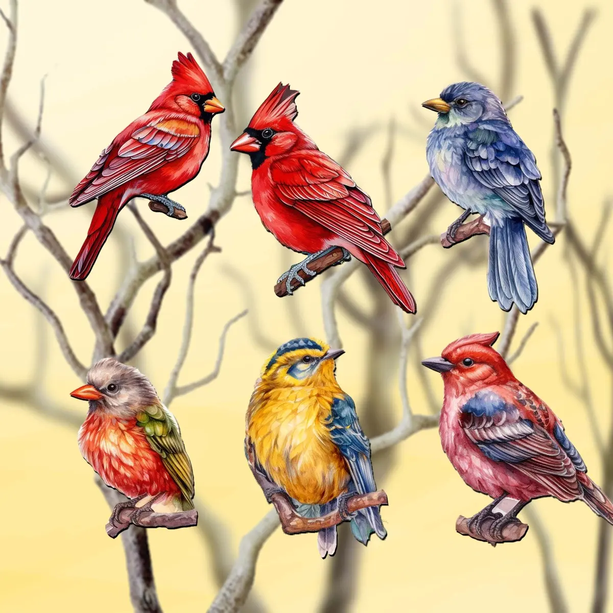 Designocracy 8090005C-S6 Handmade UV-Coated Winter Bird Animal Shapes Wooden Clip-On Ornaments, 2x2x0.25in, Set of 6 - Holiday Christmas Tree Decor, Festive Home Gift, 0.8 Lbs