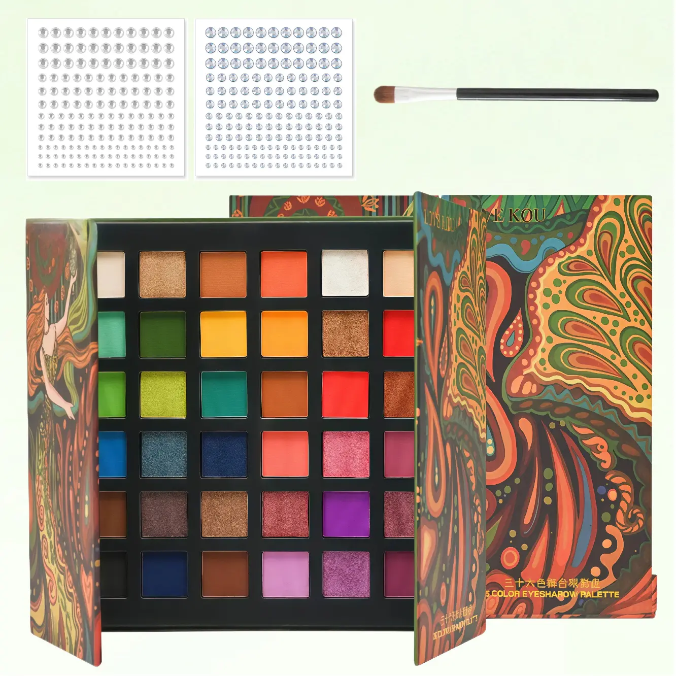 Vintage Oil Painting 36-Color Powder Eyeshadow Palette, Compact Sensitive-Safe Alcohol-Free Matte/Shimmer/Glitter, Long-Lasting Waterproof Finish, Easy-Blend Vibrant Pigment, Bonus Brush + Face Rhinestones for Cosplay Stage Use
