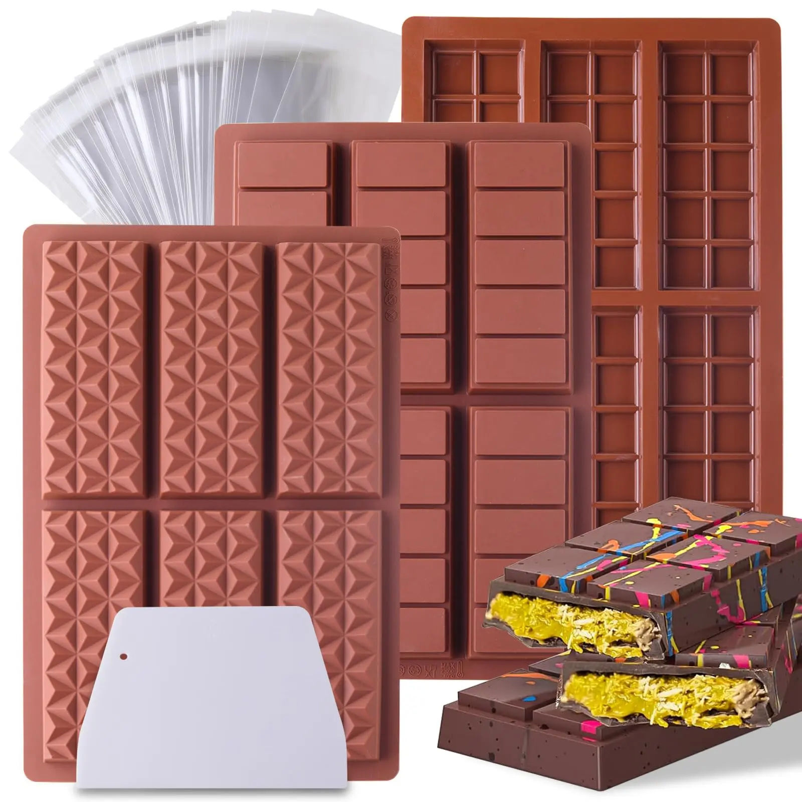 3 Pack Deep Chocolate Bar Mold, Silicone Mold for Stuffed Chocolate, Break Apart Knafeh Pistachio Candy Molds With Bags and Scraper Kitchen Accessories