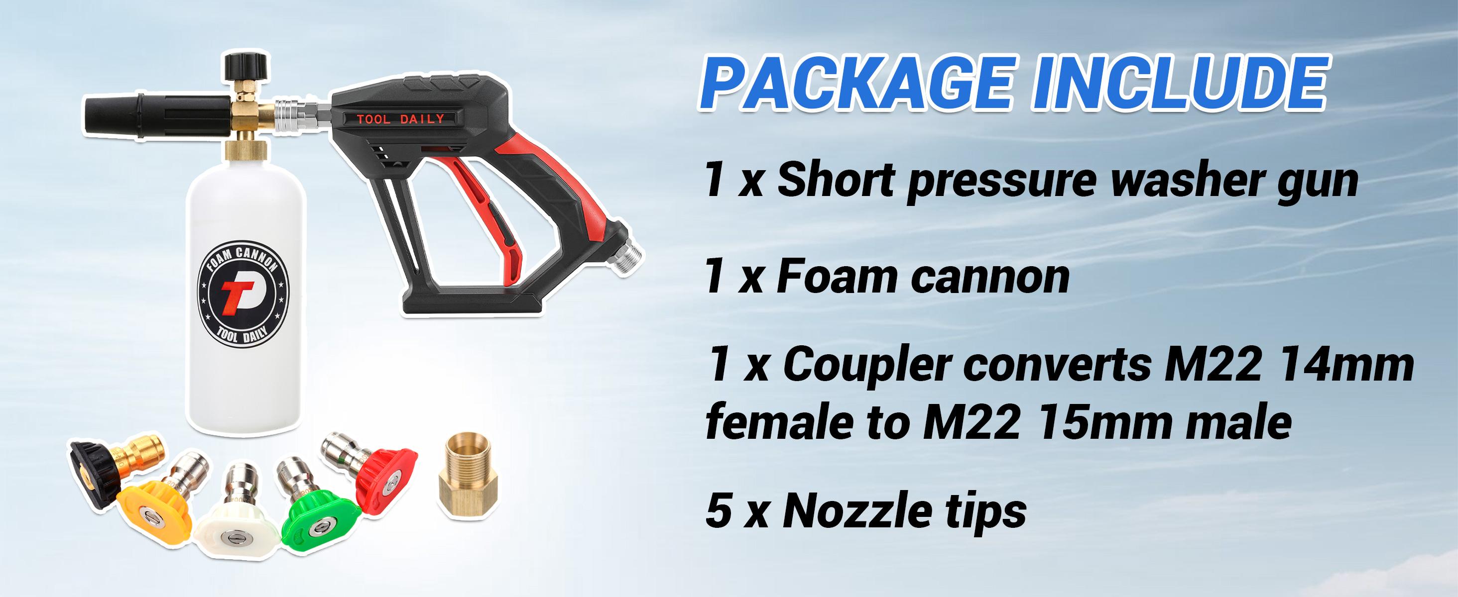 Tool Daily Short Handheld with  Cannon FOR PRESSURE WASHER,  1/4 Inch Quick Connector, Water Spray Tool with 5 Nozzle Tips, 1 Liter snow foam lance, FathersDayGift