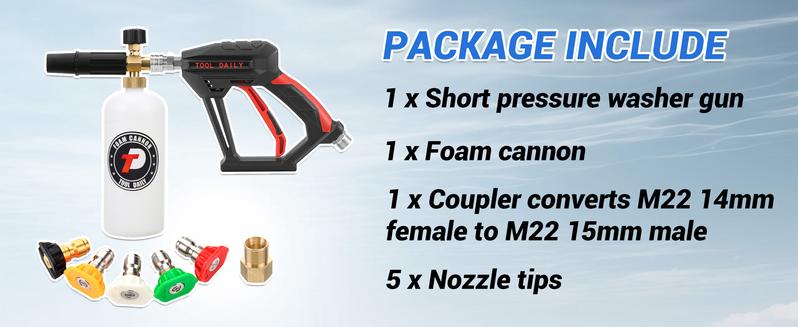 Tool Daily Short Handheld with Cannon FOR PRESSURE WASHER, 1/4 Inch Quick Connector, Water Spray Tool with 5 Nozzle Tips, 1 Liter snow foam lance, FathersDayGift Tool Daily Short Handheld with Cannon FOR PRESSURE WASHER, 1/4 Inch Quick Connector, Water Spray Tool with 5 Nozzle Tips, 1 Liter snow foam lance, FathersDayGift