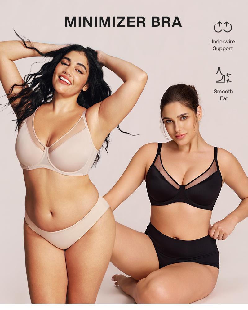 Lilylove Unlined Breathable Mesh Minimizer Full Coverage Non-padded Underwire Comfortable Fit Adjustable Straps  V Neck Plus Size T-shirt Bra for Big Busted Women B-DDD