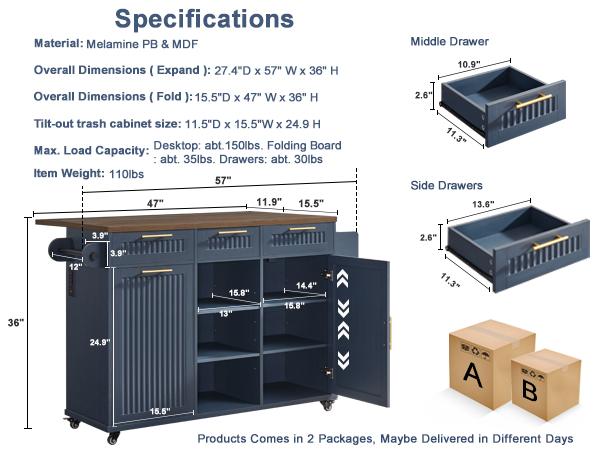 PieDle 57" Multifunctional Rolling Kitchen Island with Trash Can Storage, Power Outlet & Drop Leaf, Open Shelves, Large Islands Cart on Wheels with 3 Drawers, 5-Wheel Mobile Island Table for Kitchen