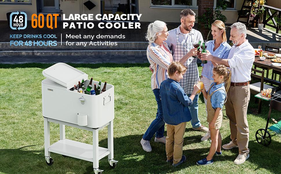 VINGLI Patio Cooler, 60QT Rolling Ice Chest on Wheels, Portable Patio Party Bar Drink Cooler Cart, with Shelf, Beverage Pool with Bottle Opener,Water Pipe