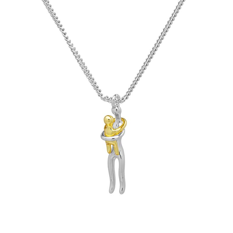 Eternal Hug Embrace Pendant Necklace for Mom, Silver & Gold Two-Tone Mom & Child Charm. A Heartfelt Family Gift Jewelry for Birthdays, Parties & Special Celebrations.
