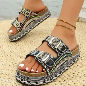 Women's Rhinestone Cork Footbed Sandals | Comfortable Arch Support Slide Sandals, Casual Platform Bling Beach Pool Slides, Summer Outdoor Walking Shoes