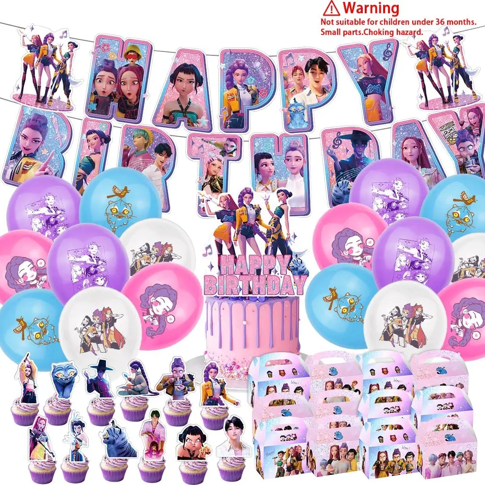 2026 cartoon demons hunterss character-themed Party Supplies Set & decoration items, Birthday Party Kit, Party props, including character balloon, cake accessories, paper Happy Birthday banner, 12pcs Gift Boxes, birthday party decoration, Candy Boxes