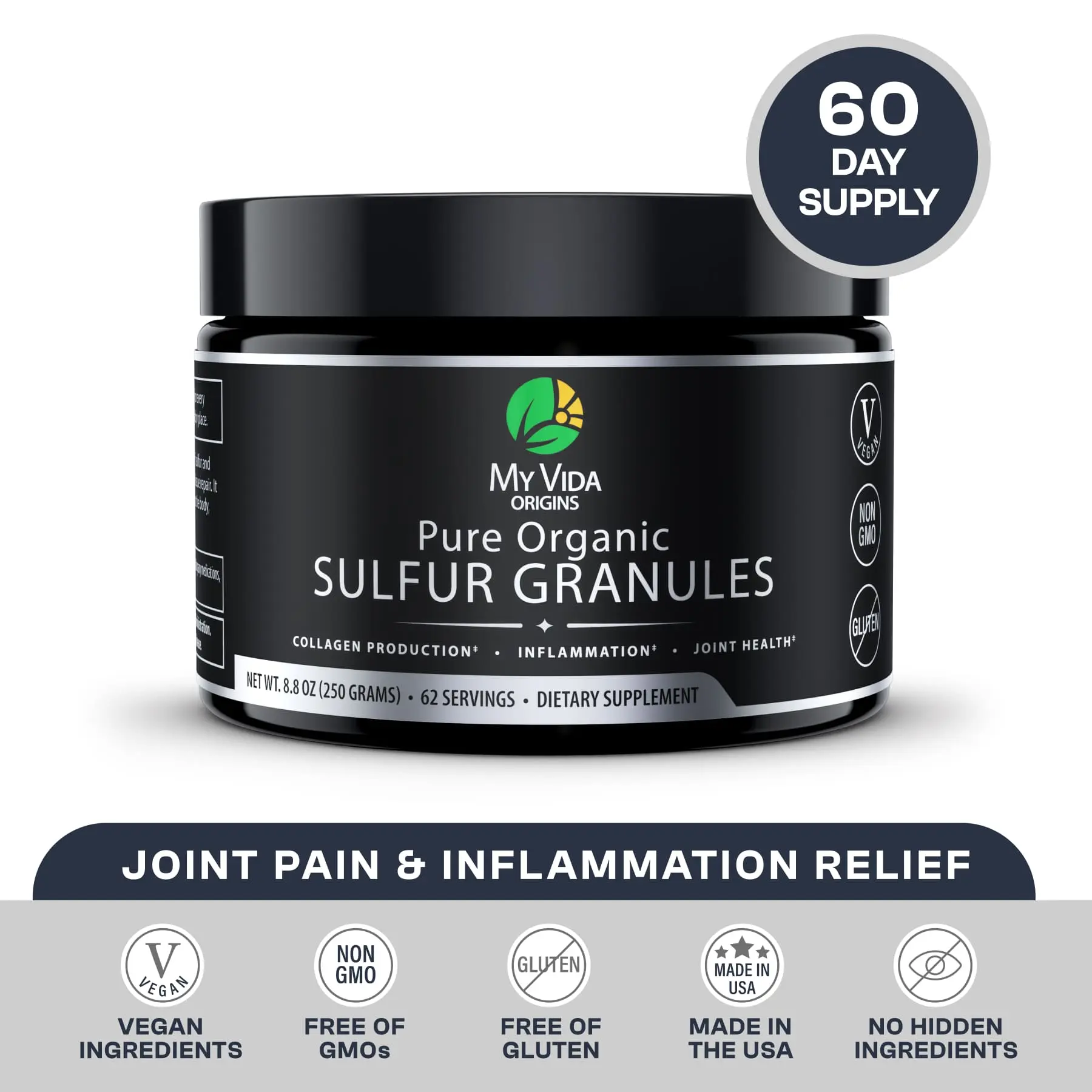 My Vida Origins Pure Organic Sulfur | 99% Pure MSM Granules for Joint Pain, Inflammation, Energy, Hair, Skin, and Nail Health | Non-GMO, Vegan, Gluten Free (62 Servings) 2 Months Supply