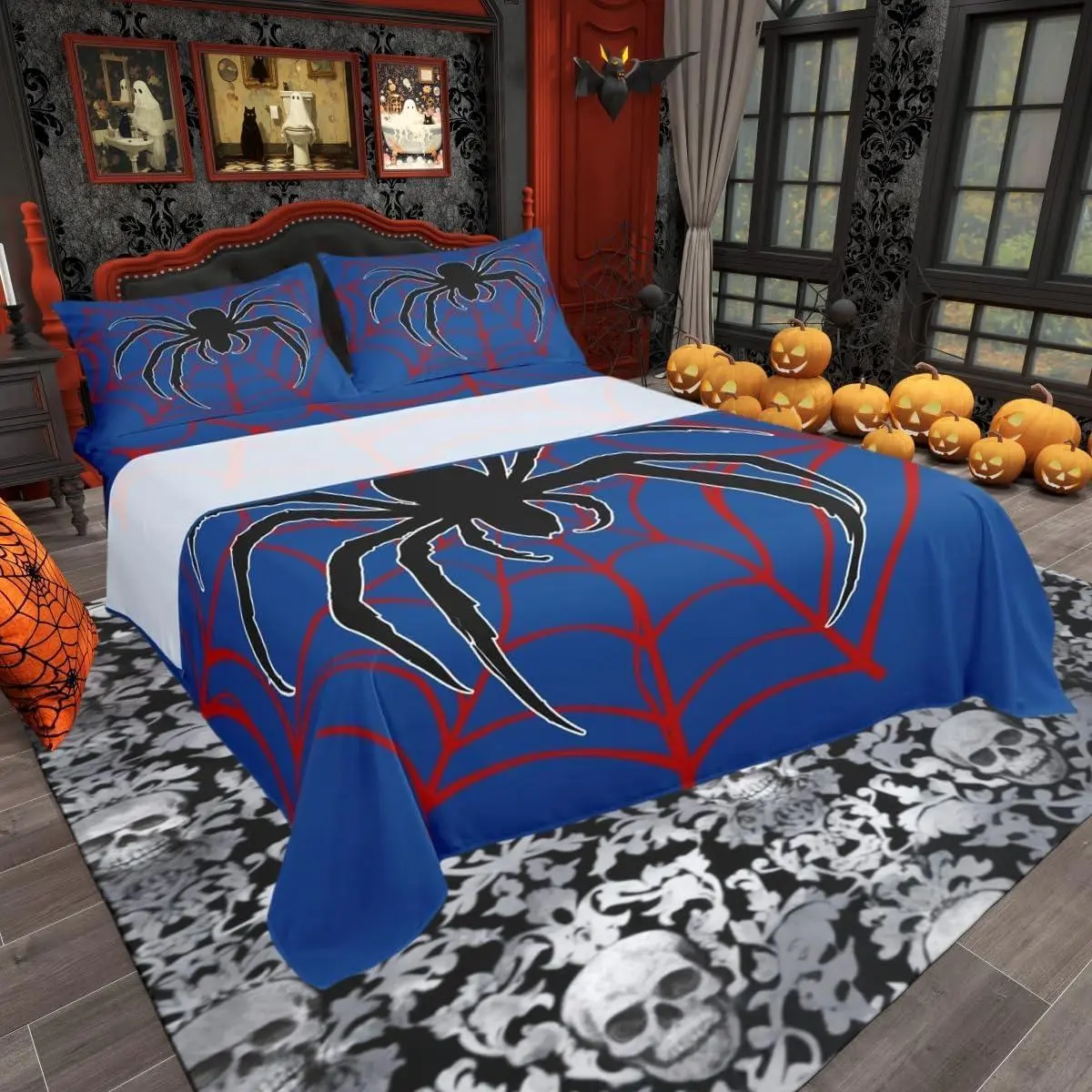 Feelyou Halloween Gothic Theme Bedding Set, Black Spider Web & Arachnid Motif, Multi-Size Deep Pockets (Fitted Sheet + Flat Sheet + Pillowcases) for Adults