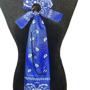 Blue Bandana Tie with White Paisley Design and Rose Accent Fashion Accessory