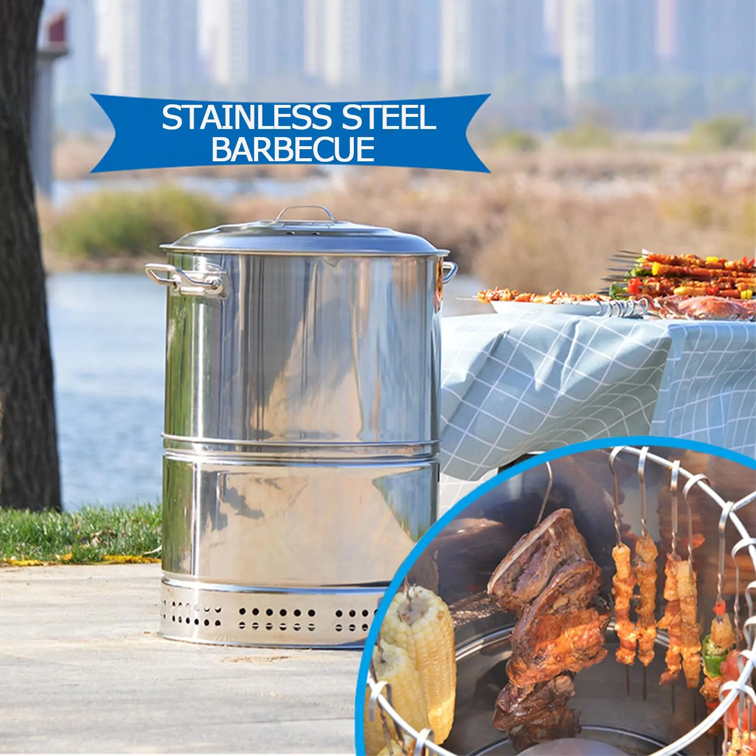 CNCEST Modern 1-Piece 201 Stainless Steel Portable Oil Barbecue Grill - Large Durable Cylinder BBQ Unit, Freestanding Charcoal Burner for Outdoor Use, Includes 50 Skewers