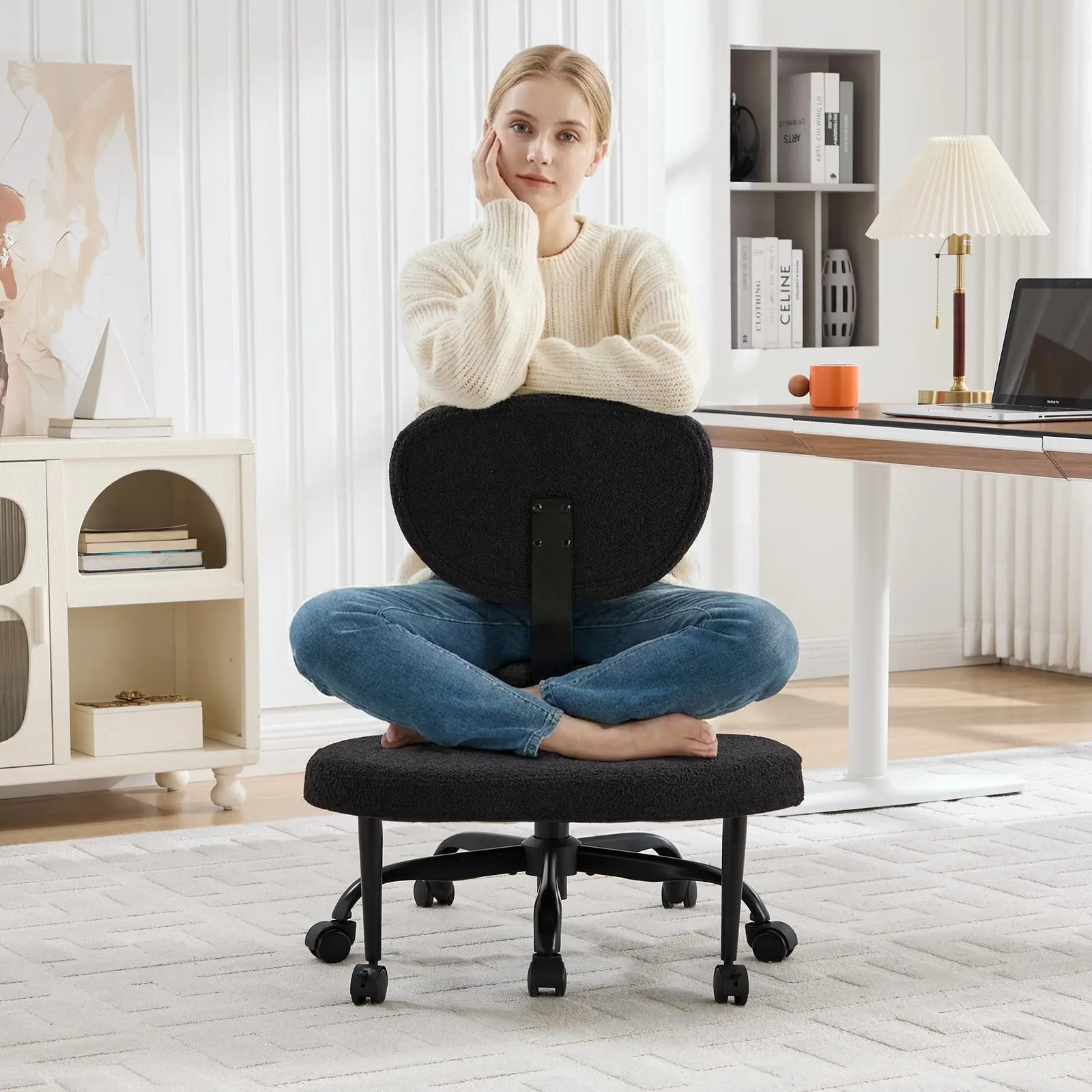 EBELLO Ergonomic Office Chair for Adults - Teddy Velvet, 360-Degree Swivel, Adjustable Height, Cross-Legged Sitting, Lumbar Support, Crescent Backrest, Durable, Easy Setup, Assembly Required, Improves Blood Circulation, Ideal for Home Office, Desk Chair,