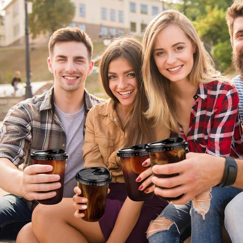 ZAKA MY KITCHEN 50 Pack 16oz Black Plastic Cups with Lids, Disposable Round Bottom Stemless Glasses with Sip Lids, To Go Iced Coffee Drinking Cups for Halloween Party Wedding Catering Events