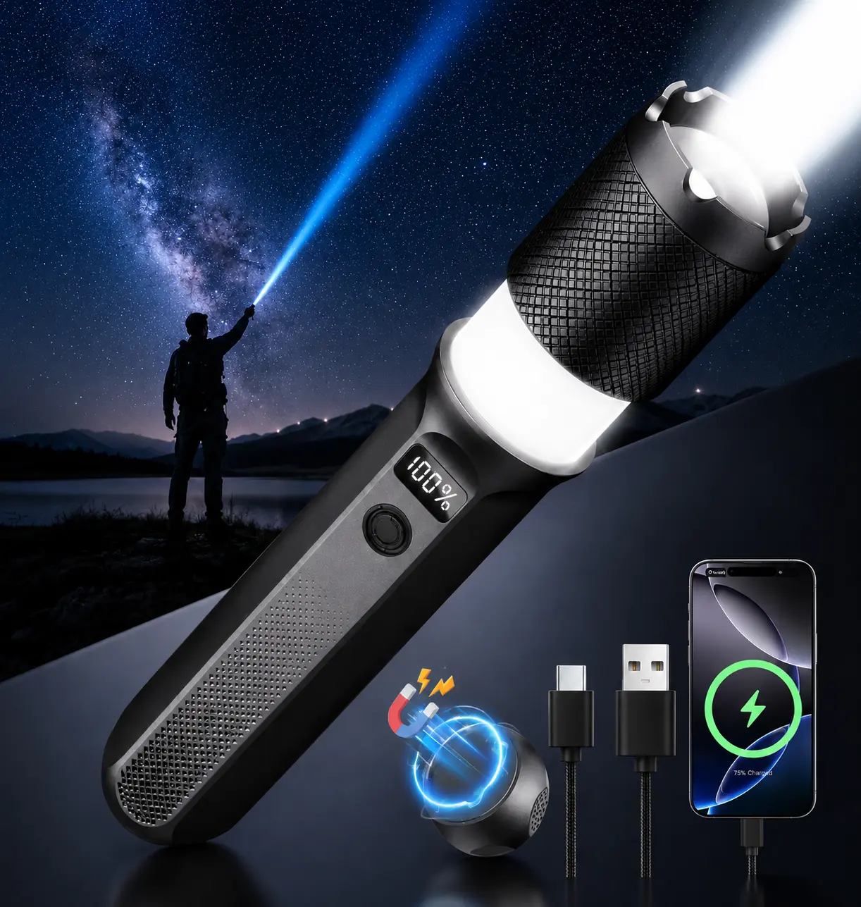 2000LM High Lumen Rechargeable Handheld LED Flashlight, Zoomable Tactical Flashlight with Digital Power Display, Power Output Port, 7 Lighting Modes, Portable Torch for Camping, Emergency Use, Handheld Led Flashlights