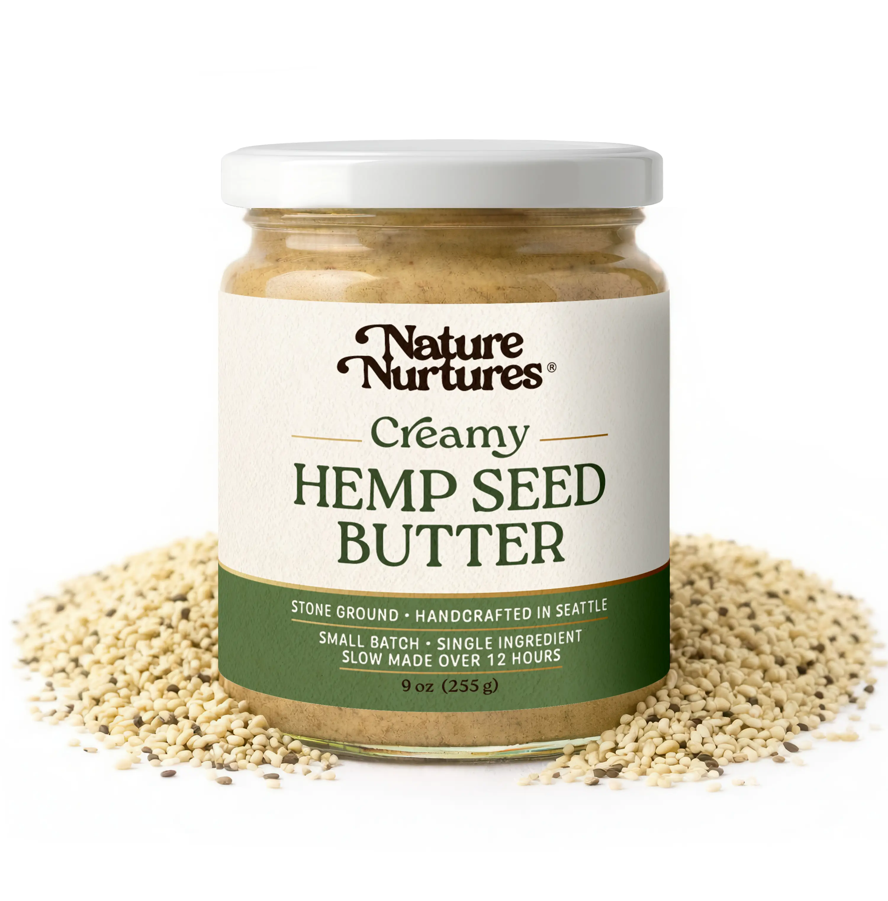 Creamy Hemp Seed Butter · 100% Hemp Seeds · Single Ingredient · No Fillers · Raw · Stone Ground for 12 Hours · Small Batch · Handcrafted in USA · High Protein · 100% Pure & Natural · No Added Sugar · No Palm Oil · Packed in Glass Jar · 9 oz (255 g)