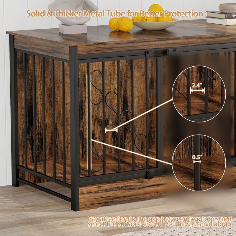 71 Inch Double Dog Crate Furniture Large Breed for 2 Dogs, Decorative Wooden Dog Crates Indoor Dog Kennel TV Stand for Medium Dogs, Dog Cage Furniture Heavy Duty Pet House with Divider, Brown