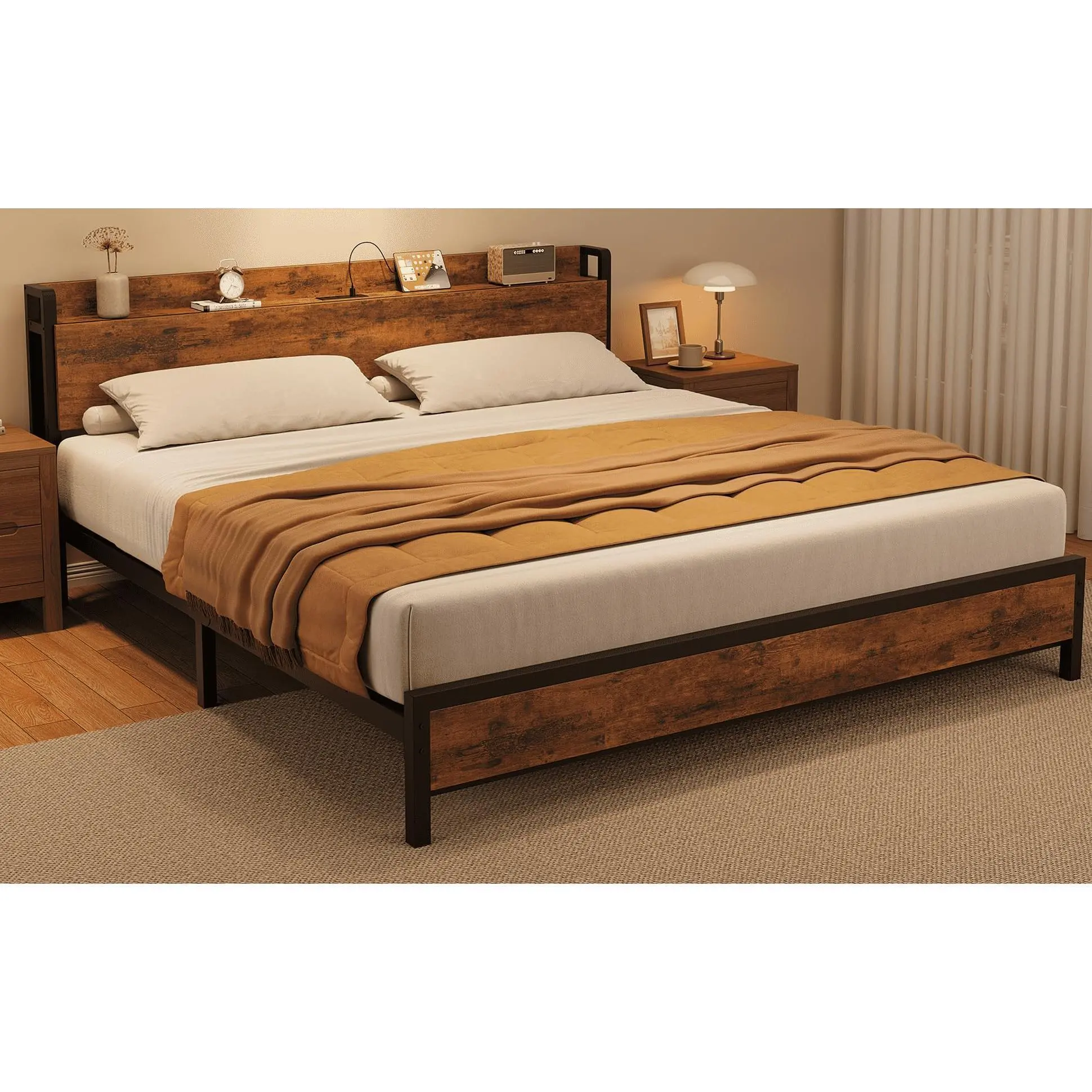 Gaomon Queen Wooden Platform Bed Frame Set - Heavy Duty Metal Frame, Rustic Brown MDF Wood Headboard & Footboard, Charging Station (2 USB Ports, 2 AC Outlets), No Box Spring Needed, Flat-Pack Easy Setup