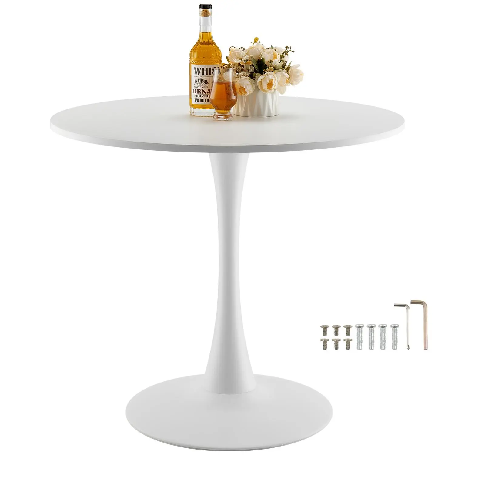 VEVOR Round Dining Table, 31.5 in Wood Table for 2-4 Person, Modern Circle Furniture, Leisure Coffee Office Tables with Pedestal Base in Tulip Design, for Home Kitchen Living Room, White(Only Table)#BackToSchool