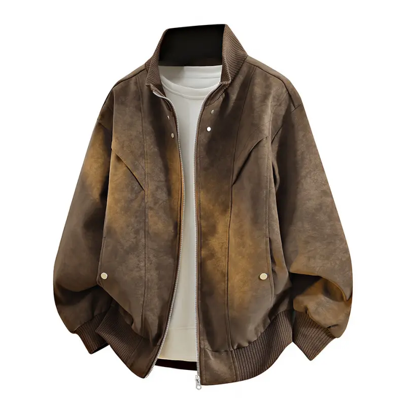 Men's Rib Stand Collar Bomber Jacket, Full‑zip Front With Metal Rivet Decorations, Fine Seam Panel Craft, Ribbed Cuffs And Hem, Vintage Washed Visual Effect, Timeless Retro Silhouette, Suitable For City Outings, Weekend Gatherings And Multiple
