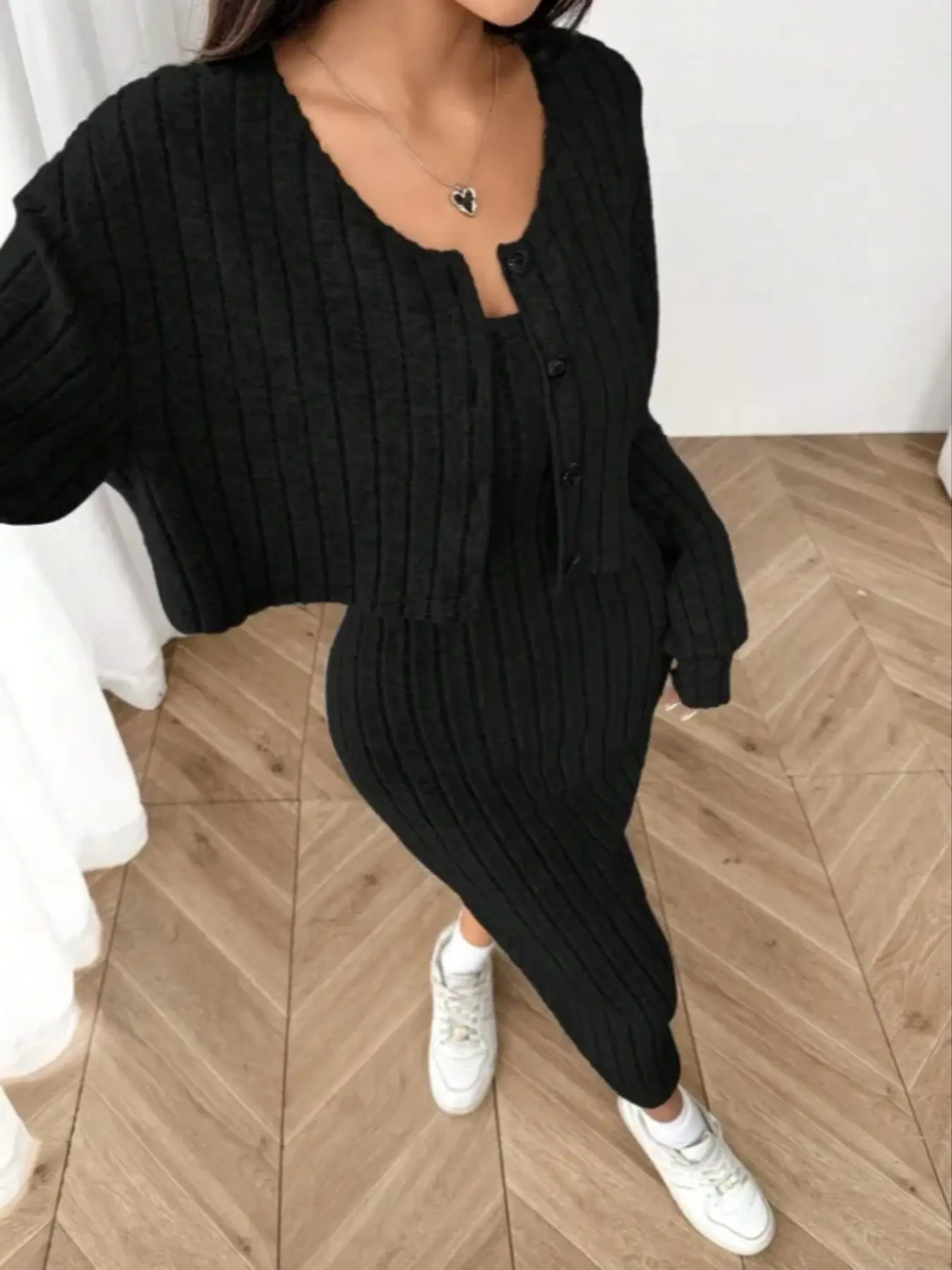 Women's Solid New Fall Ribbed Knit Low Shoulder Button Front Jacket & Slim Fit Mid-Length Dress Set, Stylish Two-Piece