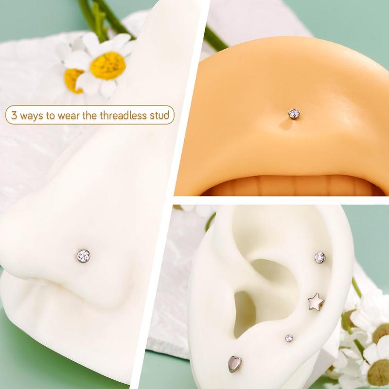 Oufer 16G Threadless Push Pin Star Heart Flat Back Bezel CZ Cartilage Nose Lip Stud Earring