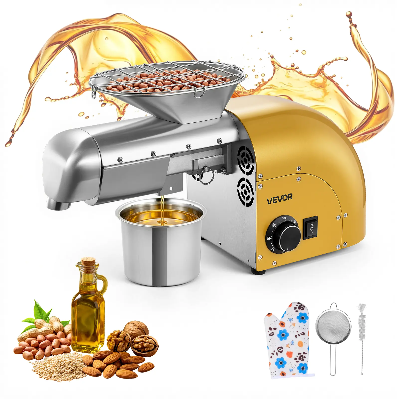 VEVOR Corded Metal Body Oil Press Machine, 11 LBS/H Capacity, 1250W Power Extractor, Automatic Electric Maker for Home Users, 122℉–572℉ Hot & Cold Pressing for Peanuts, Sesames, Soybeans, Almonds