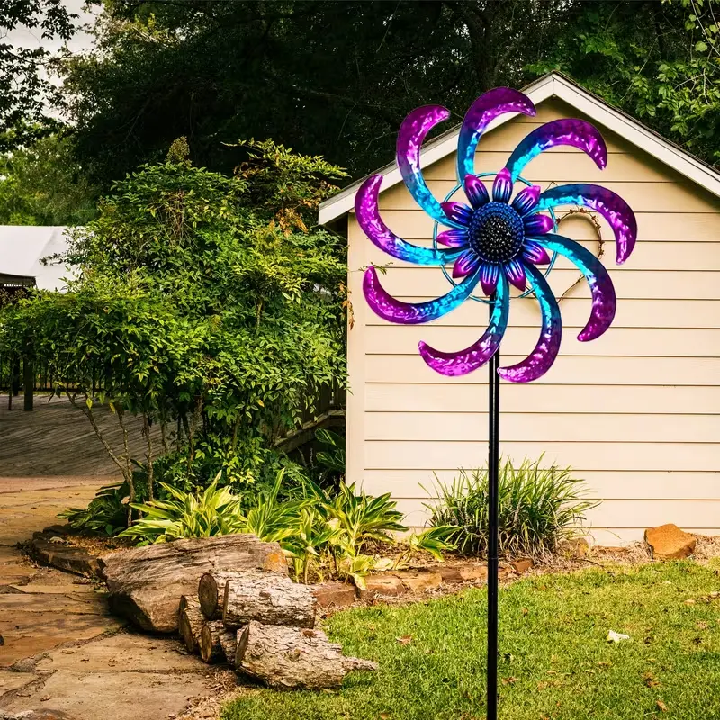 1-Piece Dynamic Rust-Proof Metal Wind Spinner Ornament, Sturdy Wooden Base, Easy Installation, No Power Needed, Ideal for Outdoor Garden Decor