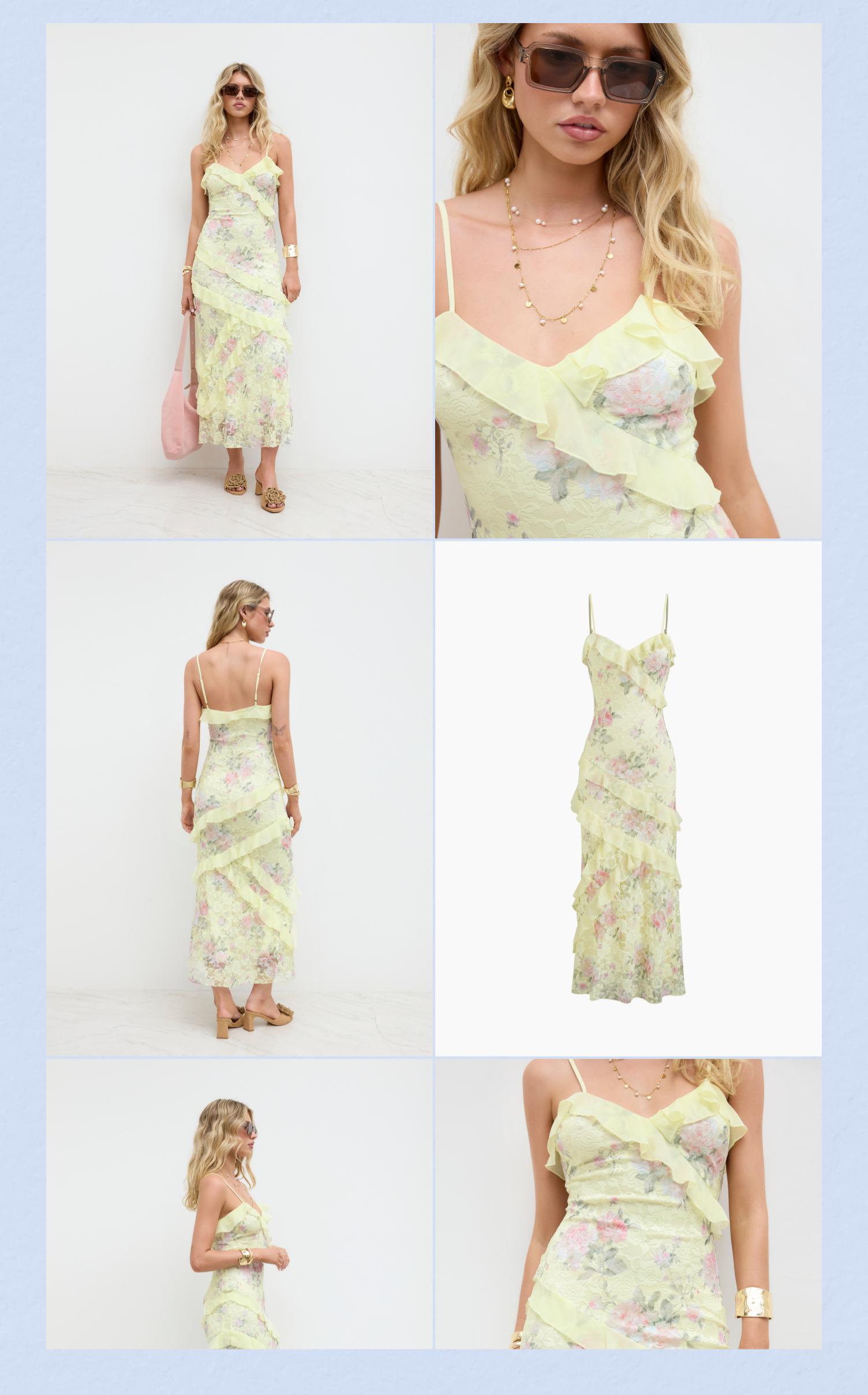 Cider Women's Lace V-neck Floral Ruffle Maxi Dress, Cute Floral Maxi Dress for Summer Vocation and Beach Wear, Ladies Sweetheart Maxi Party Dress for Summerfashion, Fairy Maxi Dress Layering Ruffle Design