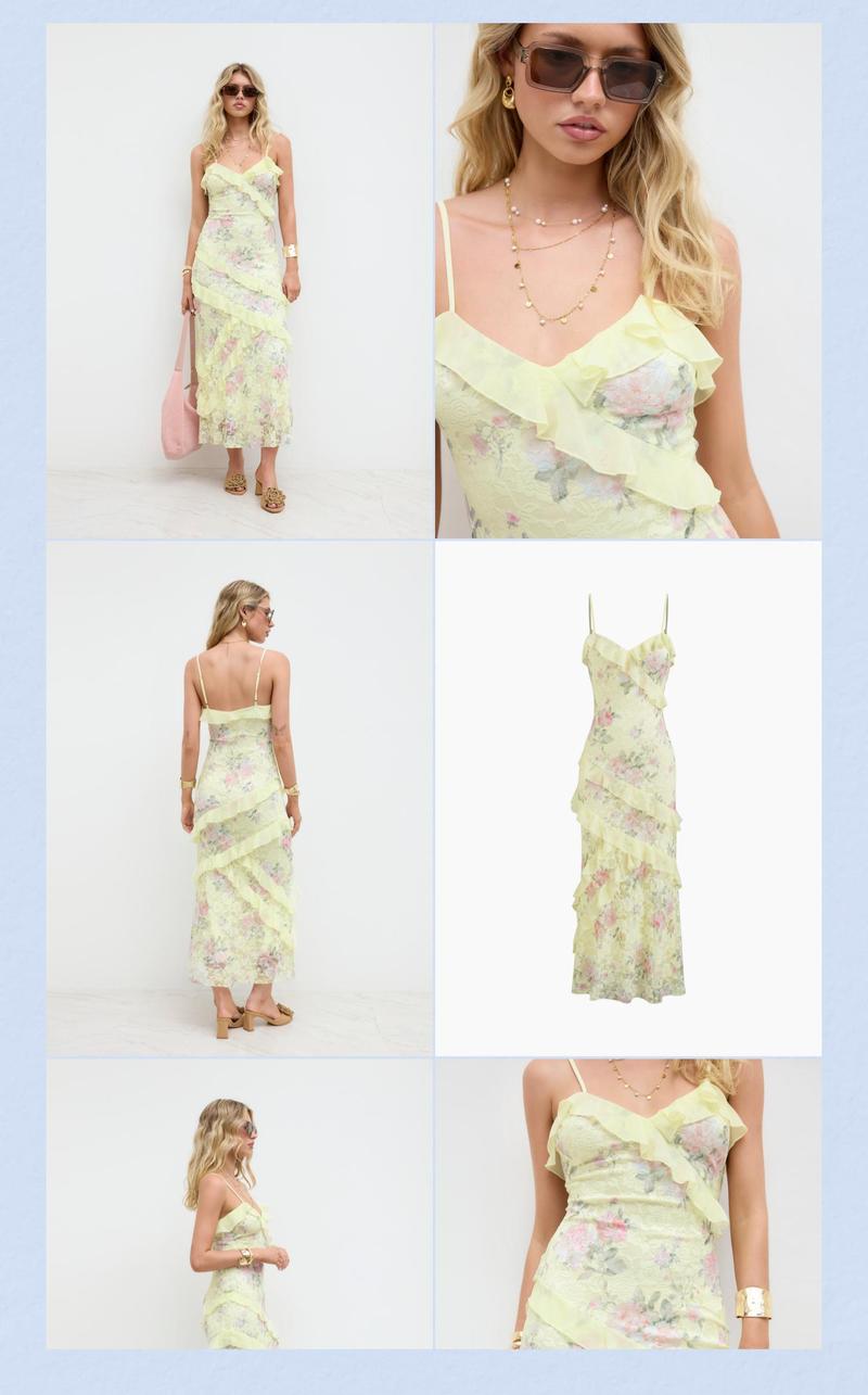 Cider Women's Lace V-neck Floral Ruffle Maxi Dress, Cute Floral Maxi Dress for Summer Vocation and Beach Wear, Ladies Sweetheart Maxi Party Dress for Summerfashion, Fairy Maxi Dress Layering Ruffle Design