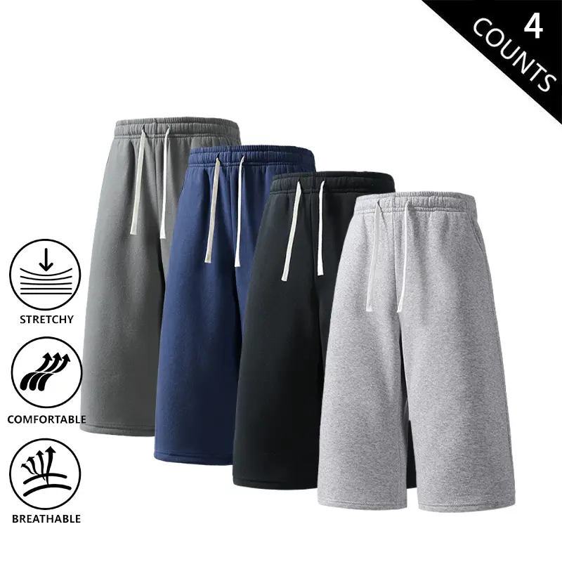 4-Pack Men’s 3/4 Length Sweat Shorts – Stretchable, breathable casual jogger shorts for gym, running, and streetwear