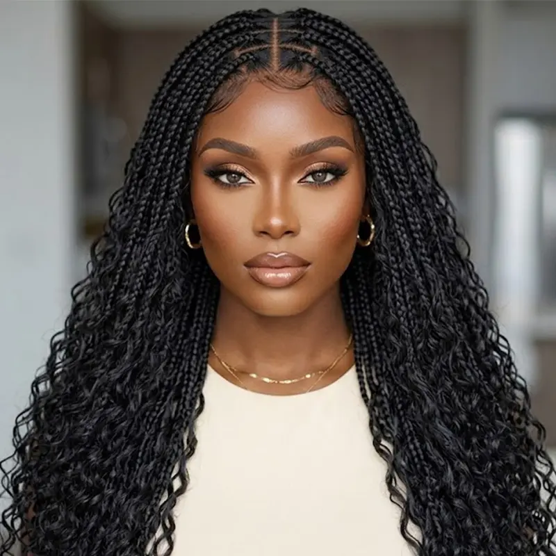 32 Inch Curly Boho Knotless Goddess Box Braided Wig Full Lace African Cornrow Braids Wig With Fluffy Curly Ends And Baby Hair Lightweight Synthetic Braiding Hair Daily Protective Hairstyle For Women #BohoGoddessBraids #LongKnotlessBraids #BraidedWig