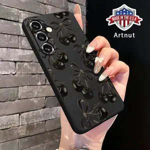 Straight Edge Black Cherry  Pattern Phone Case for Samsung S24 ULTRA PLUS S25 S23 S22 Plus Ultra Shockproof Full Camera Protection Durable Silicone Cover