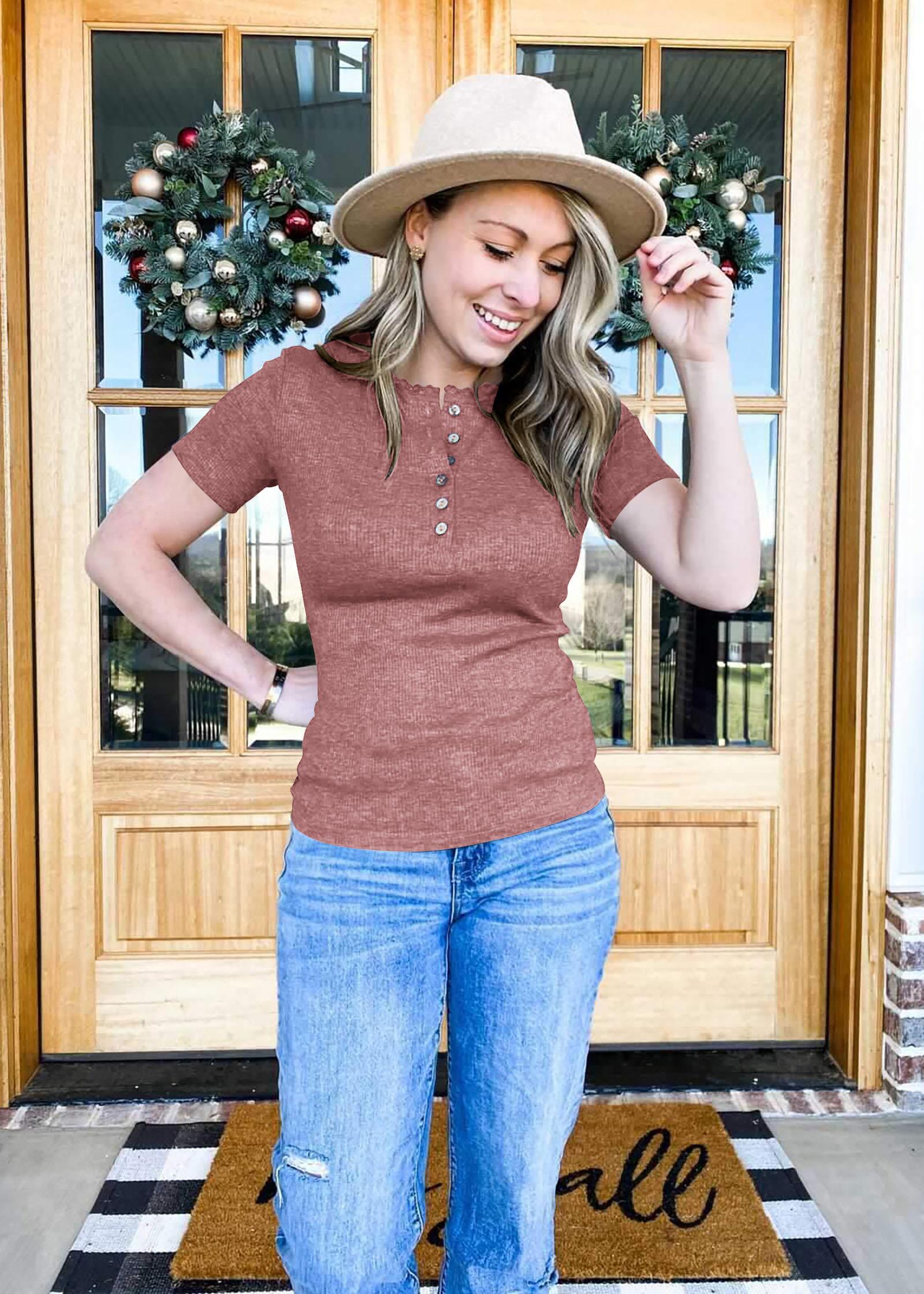 BTFBM Women 2026 Summer Henley Tunic Top V-Neck Short Sleeve Button UP Solid Slim Fit Casual Ribbed Knit Shirt Blouses