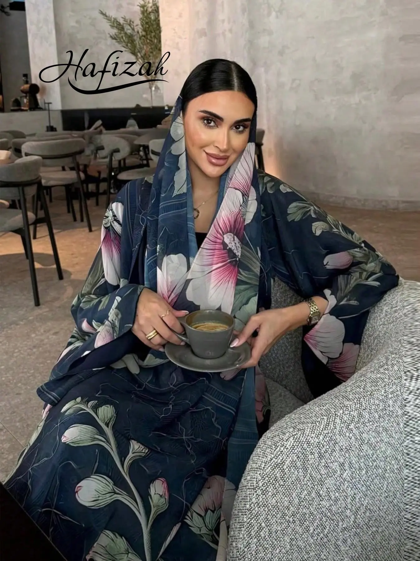 Elegant Long Sleeve Maxi Kaftan Dress with Beautiful Floral Print, Loose-Fitting A-Line Islamic Abaya, Modesty Muslim Clothing, Includes Headscarf, All Seasons Outerwear