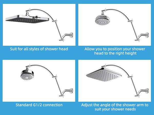 Hibbent All Metal 20'' Shower Head Extension Arm, Solid Brass Flexible Height & Angle Adjustable Shower Arm Extender with Lock Joint, Universal Connection Stainless Steel Pipe Height Extending, Chrome