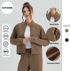 KatchMe Women's Simple Style Mock Neck Long Sleeve Sweatshirt, Versatile Solid Color Zipper Outerwear Jacket, Basic Daily Outfit