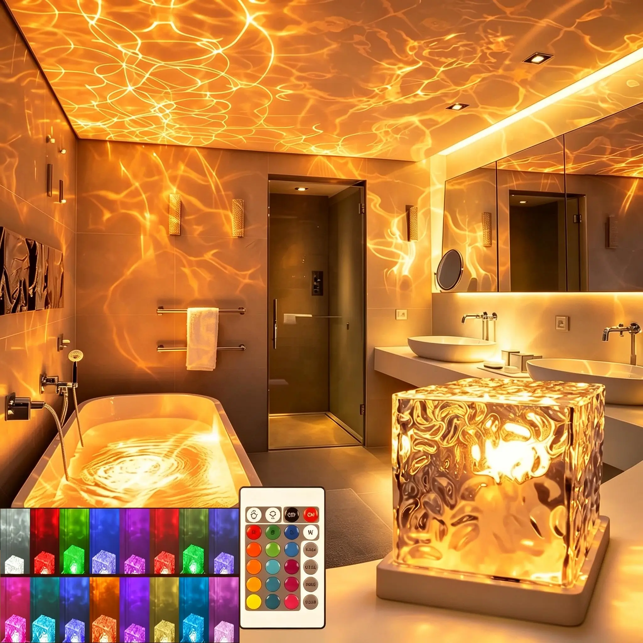 16-Color Rechargeable Shower Light, Cordless Ocean Wave Projector with Remote, Waterproof Dimmable Water Ripple Lamp for Bathroom & Bedroom