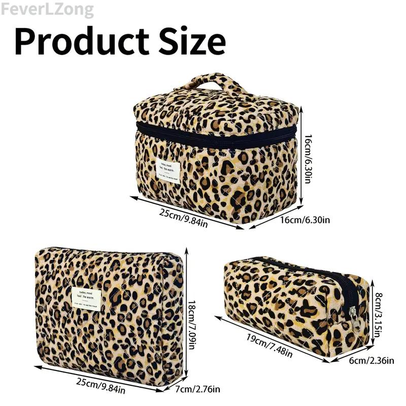Floral Quilted Makeup Organizer Set Padded Cotton Cosmetic Bag Set in Leopard Print for Travel and Storage pattern multifunctional