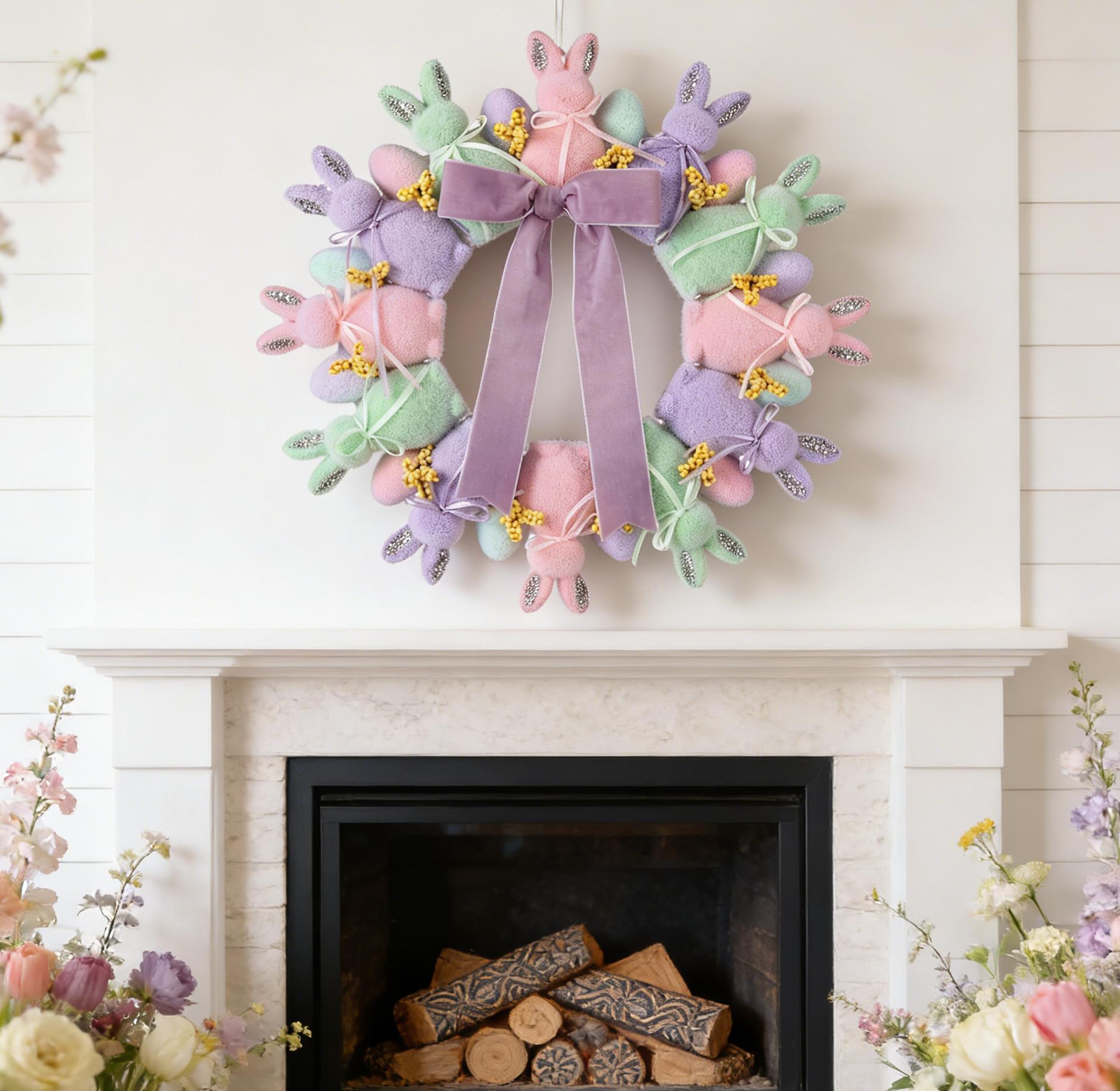 Flocked Easter Bunny Wreath with Eggs & Bow, 13" Spring Door Hanger Decor Cute Easter Wreath Vibrant Colors Easy Hang Spring Wreath for Front Door Porch Wall Window Fireplace Mantel, Easter Decor Farmhouse Home Decor Indoor Outdoor Party Supplies & Gifts