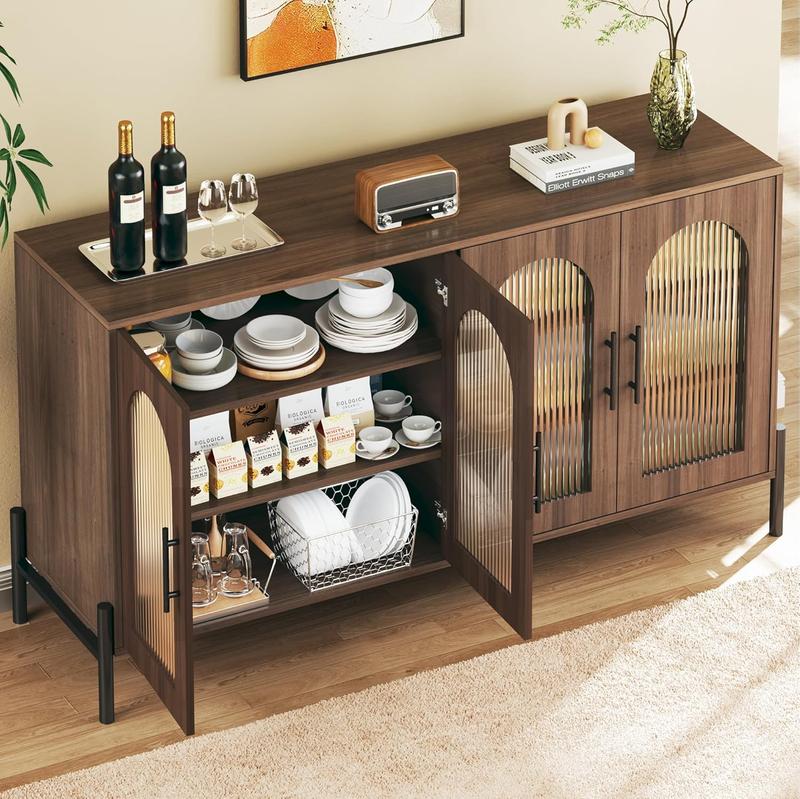 Sideboard Buffet Cabinet with Storage, 55" Modern Sideboard Cabinet with 4 Fluted Glass Doors & Adjustable Shelves, Wood Buffet Console Table for Living Room, Kitchen, Dark Walnut