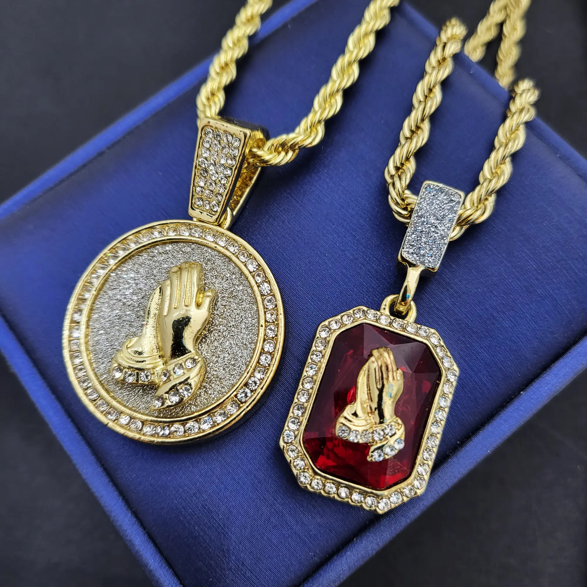 MaxBling81 Unisex 2PC Celebrity-Inspired Hip Hop Praying Hands Charm Necklaces - Round Red Gemstone Cubic Zirconia Pendants, 20in & 24in Textured Rope Design Chains, Daily Wear Costume Jewelry, Rhinestone Finish Necklace, Daily Wear Necklace, Celebrity-In