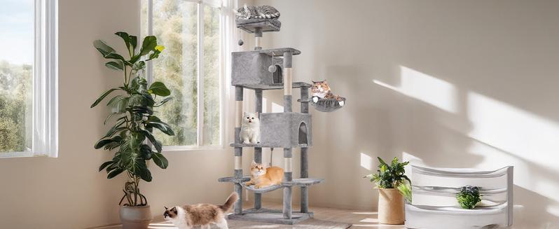 Cat Climbing Shelf, Hanging Basket & Hammock, Pompoms, Stable Kitty Play House, Multi-Level Plush Cat Condo for Indoor Cat,  Durable, Space-Saving Design