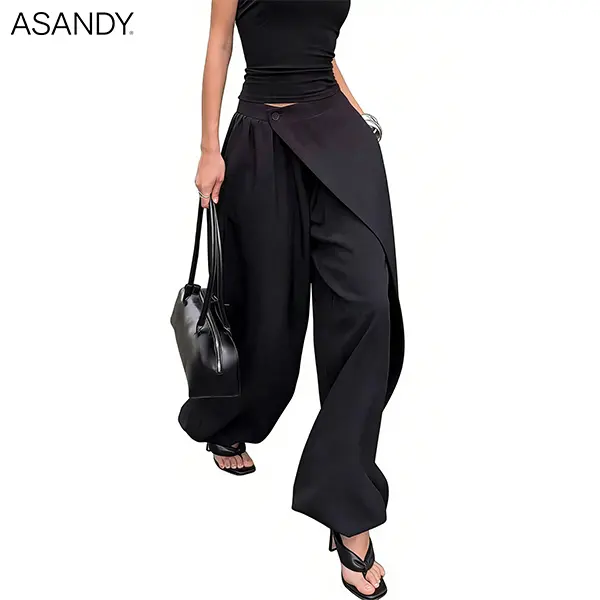 ASANDY Women's High Waisted Draped Wide-Leg Pants with Asymmetric Button, Statement Streetwear for Parties, Asymmetric High Waisted, Trouser, High Waisted Pants