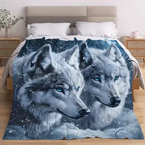 Wolf Lover Gift Soft Cozy Flannel Blanket Winter Snow White Wolves with Blue Eyes Print Plush Throw Warm Fuzzy Bed Sofa Blanket Ideal Gift for Wolf Fans Men Women Teens for Birthday Holiday Home Decor